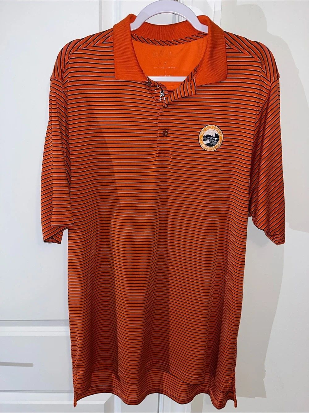 Orange Stripe St Andrews Scotland Old Course Golf Polo shirt L Swilican Bridge